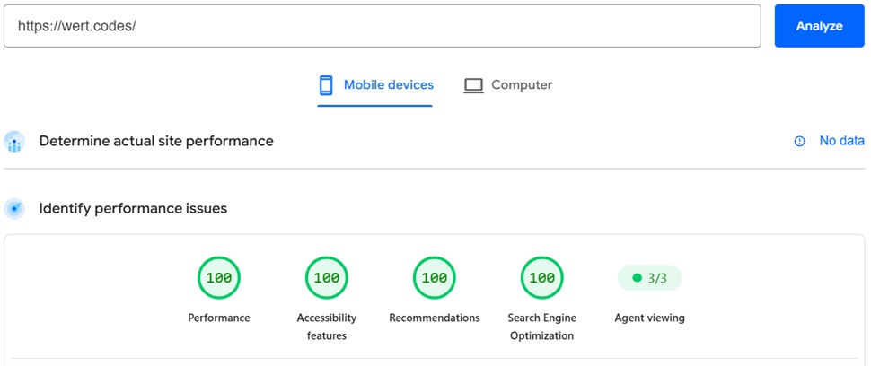 Page speed performance metrics and error-free setup